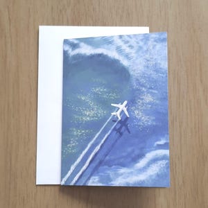 Flugzeug über Wasser handgezeichnete Grußkarte innen leer, Ozean Landschaft Kunst, ruhigen friedlichen Hintergrund, Reise-Liebhaber, Danke, Karte Herzlichen Glückwunsch