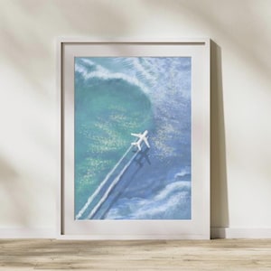Plane Ocean Poster, beruhigende Küstenwand Kunst Druck, Meer und Natur Liebhaber Geschenk, Flugzeug Kunst, A0 - A5 Größen, friedliches Dekor