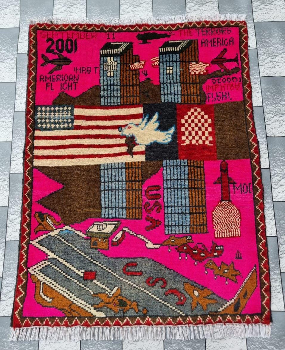 Handmade Afghan Knotted Wool War Rug: Collectible Tribal 9/11