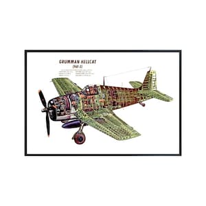 May include: A cutaway illustration of a Grumman Hellcat (F6F-5) fighter plane. The plane is painted in a green, brown, and blue camouflage pattern. The illustration shows the internal structure of the plane, including the engine, wings, and fuselage.
