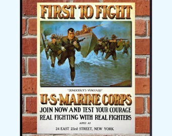 Vintage US Marine Corps First to Fight Enlistment Poster: Patriotic Wall Art