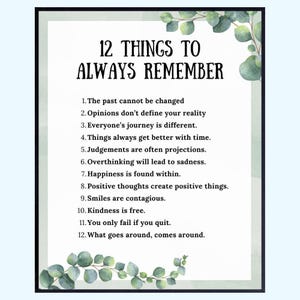 12 Things to Always Remember Print – Inspirational Quotes Wall Art (Unframed)