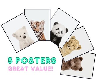 Cute Animal Prints - Girl's Room Decor, Set of 5 (8x10 Unframed Posters)