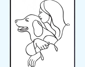 Dog and Woman Minimalist Line Art Print: Elegant Pet Lover Decor