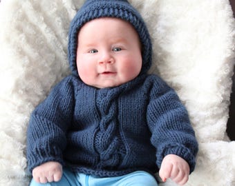 Hand Knitted Hooded Baby Sweater with Back Zipper in Denim Blue | Knitted Baby Jumper | Ready to Ship |