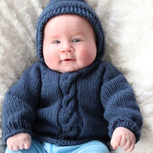 Hand Knitted Hooded Baby Sweater With Back Zipper in Denim | Etsy
