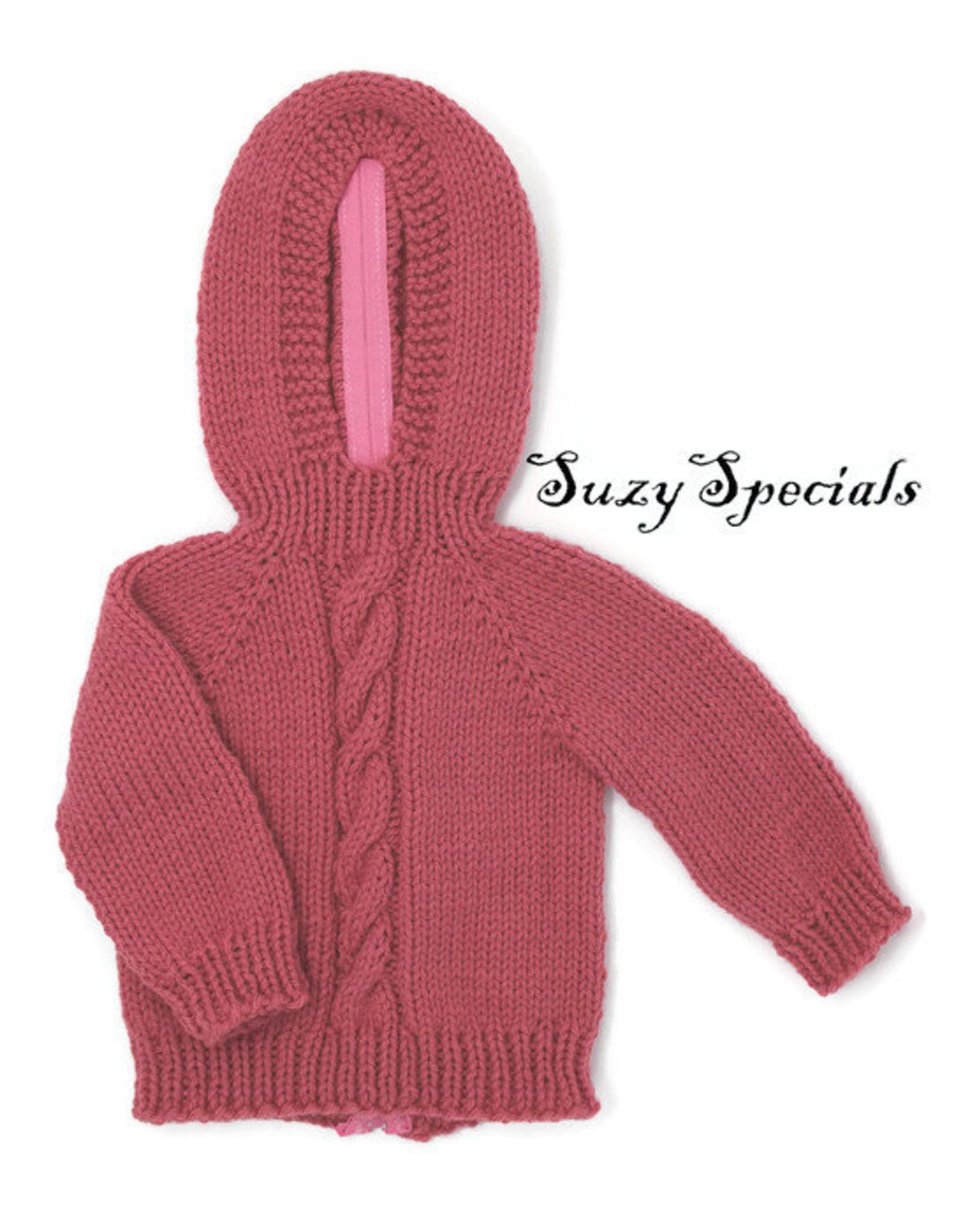Hand Knitted Hooded Rose Pink Baby Sweater With Back Zipper Knitted