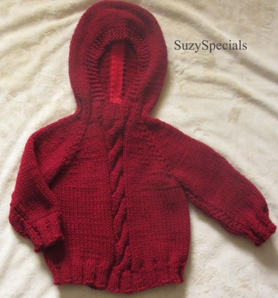 Hand Knitted Hooded Burgundy Baby Sweater with Back Zipper Etsy