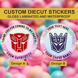Autobots aangepaste verjaardagssticker, Decepticons aangepaste ministicker, sticker zoete kegels, aangepaste partijgunststickers, zegels uitnodigen
