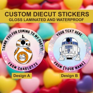 Bb8 Benutzerdefinierte Geburtstagsaufkleber, R2D2 Benutzerdefinierter Anime-Aufkleber, süßer Zapfenaufkleber, benutzerdefinierte Partybevorzugungsaufkleber, laden Siegel ein