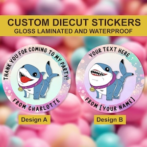 Pegatina de cumpleaños personalizada de Jeff el Tiburón Terrestre, pegatinas personalizadas de superhéroes, pegatinas de conos dulces, pegatinas personalizadas para recuerdos de fiesta, sellos de invitación