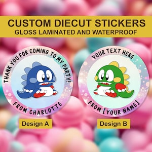 Bubble Bobble aangepaste verjaardagssticker, gamingmerch aangepaste gamesticker, sticker zoete kegels, aangepaste partijgunststickers, zegels uitnodigen