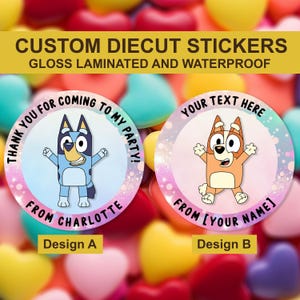 Adesivo de aniversário personalizado Bingo Heeler, adesivo de anime personalizado Blue Heeler, adesivo de cones doces, adesivos personalizados para lembrancinhas de festa, selos de convite