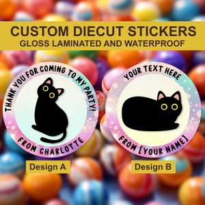 Adesivo personalizzato per compleanno con gatto nero divertente, adesivo personalizzato divertente con gattino nero, adesivo con coni dolci, adesivi personalizzati per bomboniere, sigilli per inviti