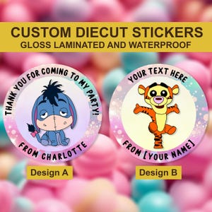 Adesivo di compleanno personalizzato di Pooh e Ih-Oh, mini adesivo personalizzato di Pooh e Tigro, adesivo di coni di caramelle, adesivi personalizzati per bomboniere, sigilli per inviti