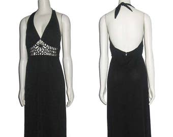Vintage Mickey, Jrs Of California Black Halter Tie Neck Cut Out Caged Long Disco Grecian Mod Dress