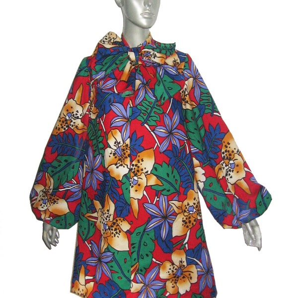 POYZA Two Of A Kind Multicolor Floral Leaf Tropical Print Stand Up Ascot Tie Neck Long Poet Sleeves Short A-Line Tent Short Dress Sz Varies