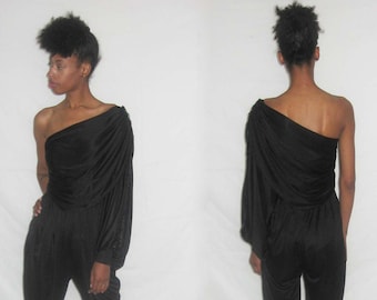 Vintage Climax By David Howard Black Asymmetrical One Shoulder Draped Sequins Overlay Cowl Disco Jumpsuit