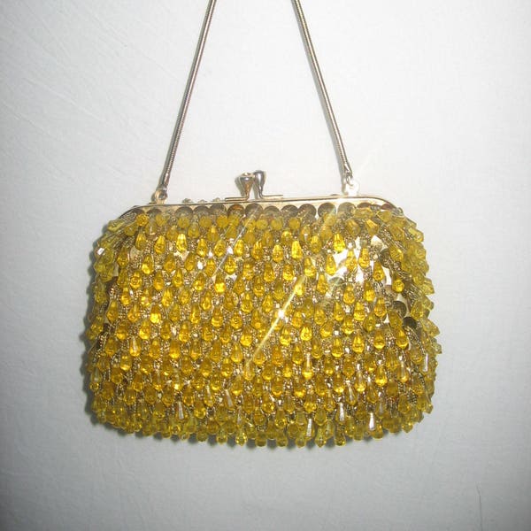 Vintage CSO Rare De Pinna Yellow Sequins Beads Embellished Rhinestone Clasp Closure Fabric Lined Gold Metal Gold Coil Handle Evening Handbag