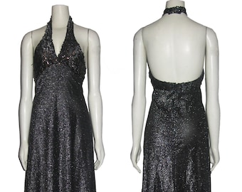 Vintage Metallic Silver Lurex Sequins Embellished Shimmmery Halter Disco Mod Grecian Long Dress Size 7