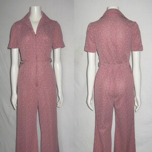 Vintage Short Sleeve Zip Front Wide Leg Palazzo Bell Bottom Disco Mod Pocket Cargo Waist Belt Tab Carpenter Overall Coverall Jumpsuit Size 8