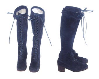 Vintage Rare Stunning Made In Italy Blue Laced UP Chunky High Heel Twiggy Granny Mod Suede Genuine Leather Fold Over Tall Boots Size 6