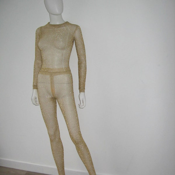 VTG Rare Made England Frederick's Of Hollywood Gold Metallic Lurex See Thru Sheer Long Sleeve Space Age Mod Disco umpsuit Bodysuit Catsuit