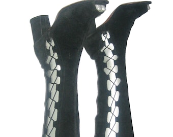 Vintage Rare Black Suede Leather Peep Toe Leather Caged Elastic Stretch Laced Up Mod Gladiator Go Go Twiggy Chunky High Heels Shoes Boots