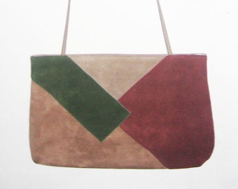 Vintage Beige Multi-Color Color Block Patchwork Boho Suede Shoulder Strap Clutch Envelope Style Disco Handbag Size 8" x 11 1/2" x 5/8"