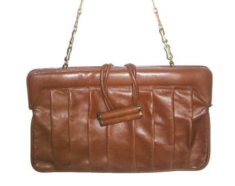 Vintage Bellido Rare Cognac Tan Brown Gold Pleated Large Envelope Leather Handbag