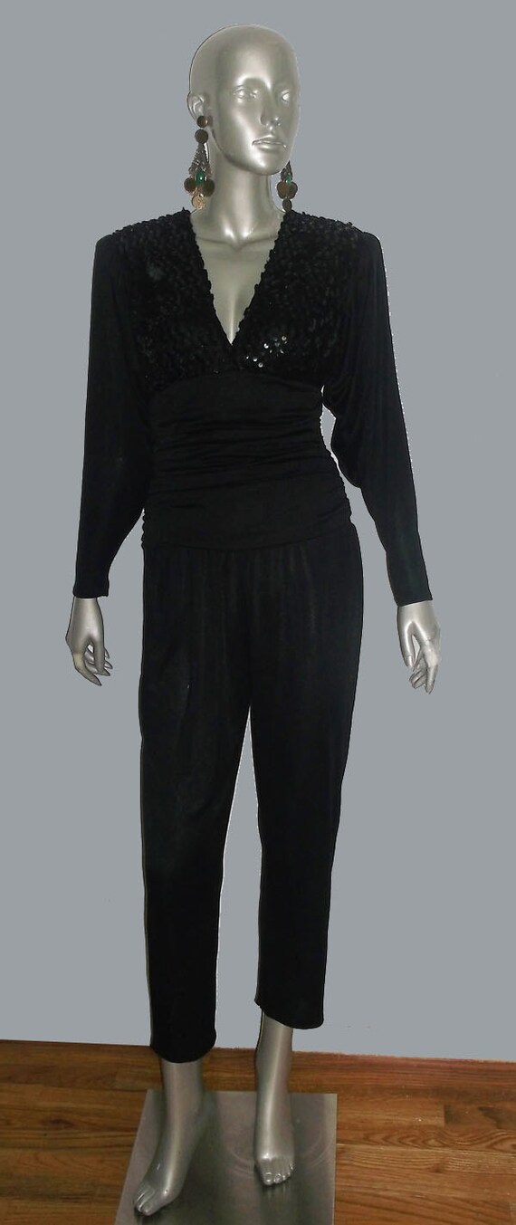 Vintage Black Shirred Puff Dolman Sleeve Deep V-n… - image 2