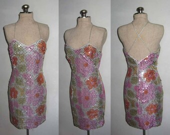 Vintage Masquerade Multicolor Floral Daisy Print Silver Sequins Embellish Soutache Crossback Strappy V-Neck Short Mini Dress Size 5