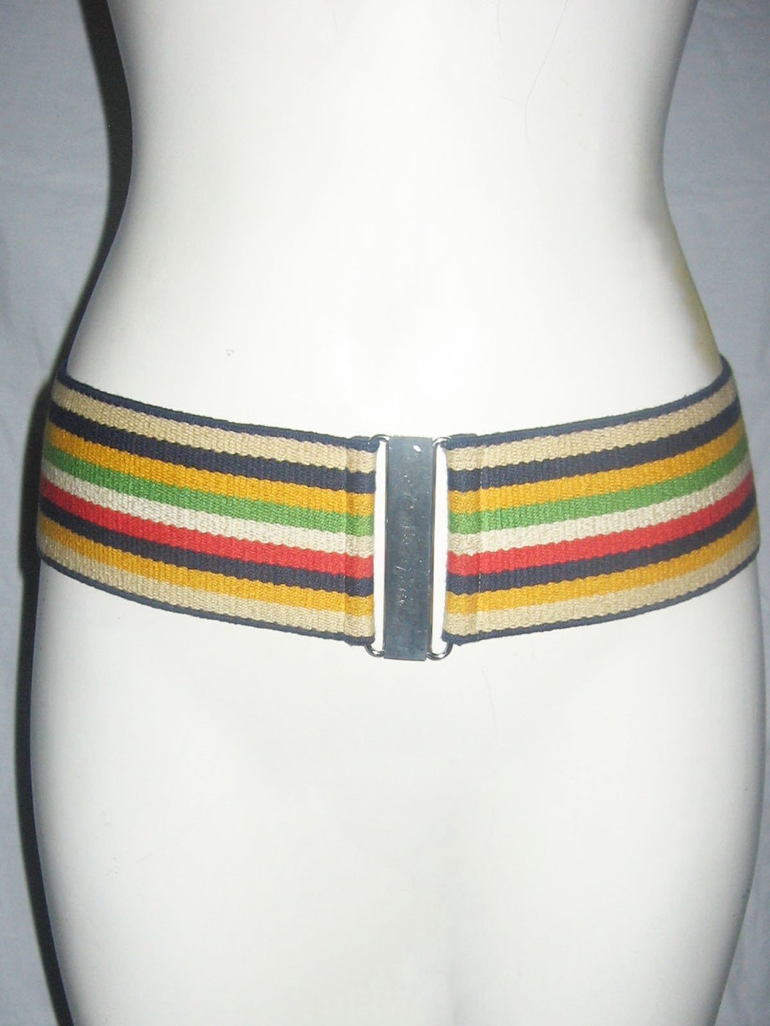 Vintage Vibrant Multicolor Striped Elastic Stretch Silver Buckled Retro ...