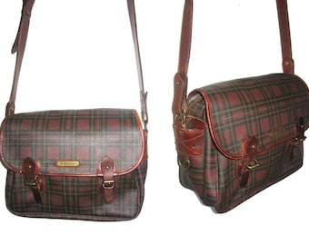 VTG Zeldzame Polo Ralph Lauren Bruin Multi Tartan Plaid Canvas Vinyl Leer Stof Gevoerd Grote Multifunctionele Tote Crossbody Messenger Handtas