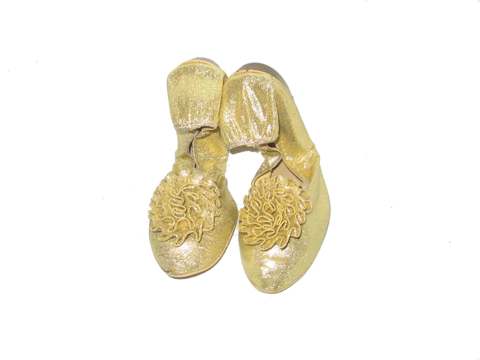 vtg rare stunning bertlyn new york metallic gold lurex lame flat heel rosette twiggy era mod ballet flat stretch shoes size med