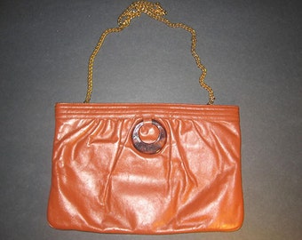 Vintage Authentic Morris Moskowitz Brown Leather Plastic O-Ring Gold Chain Strap Handbag