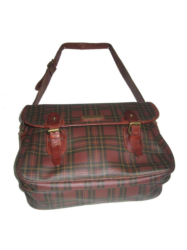 VTG Rare Polo Ralph Lauren Brown Multi Tartan Plaid Canvas Vinyl Leather Fabric Lined Large Multifunctional Tote Crossbody Messenger Handbag image 4