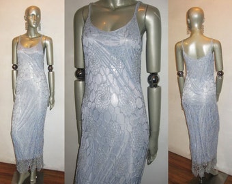 VTG Alfred Venini NWT Unworn Light Blue Double Scoop Neck Strappy See Thru Spider Web Crochet Mesh Beads Embellish Lined Long Mermaid Dress