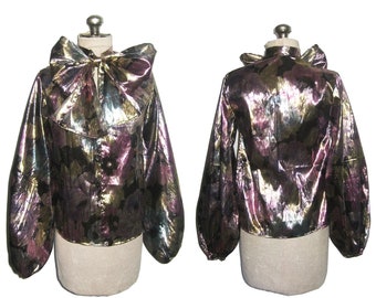 POYZA Multicolor Floral Print Metallic Lame Ascot Tie Neck Long Poet Sleeve Side Slit Tunic Blouse Small Solid Colors Custom Order Available