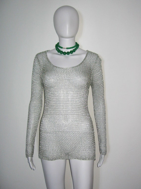 VTG Cynthia Rowley Metallic Silver Lurex Crochet … - image 3