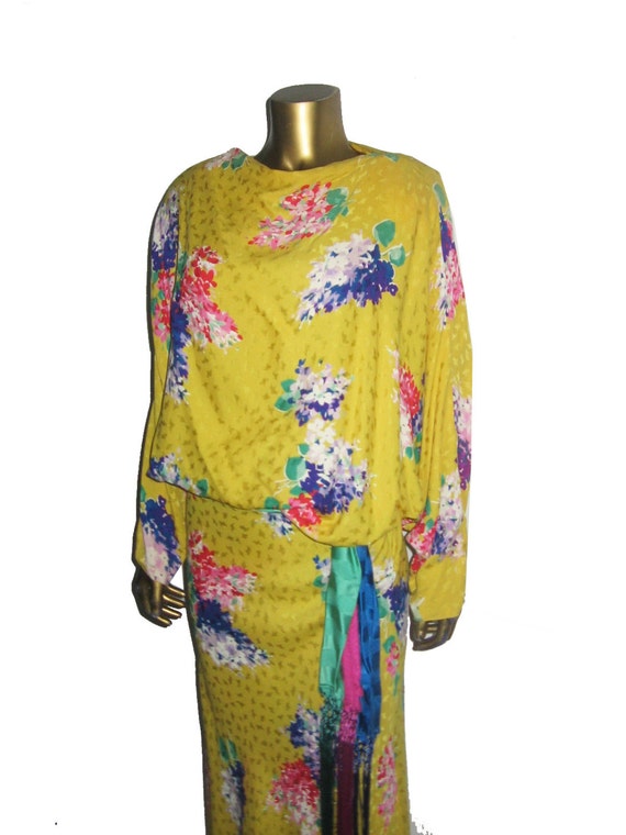 VTG Norma Walters 3PC Yellow Multicolor Floral Pr… - image 2