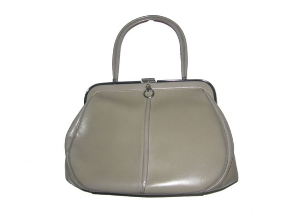 Vintage Classic Taupe Silver Metal Leather Handbag - image 2