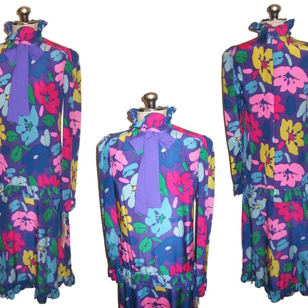 Vintage Marion Maged 100% Silk NWT Unworn Multicolor Floral Vibrant Print Ruffle Optional Ascot Tie Neck Ruffle Tier Drop Waist Dress 6
