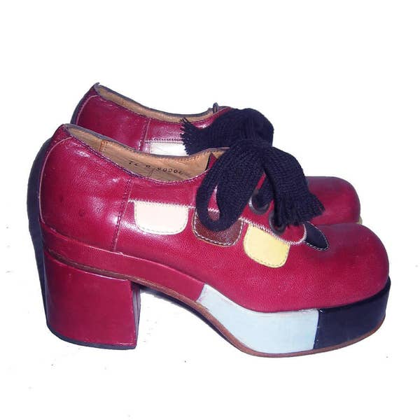 Vintage Rare Harbor By Ferradini Made Italy Red Multicolor All Leather High Platform Chunky Big Heel Unisex Disco Mod Lace Oxford Shoes