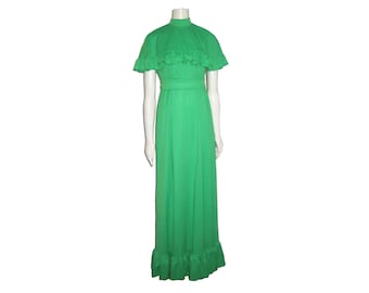 Vintage House Of Bianchi Green Halter Ruffle Maxi Dress Gown With Cape