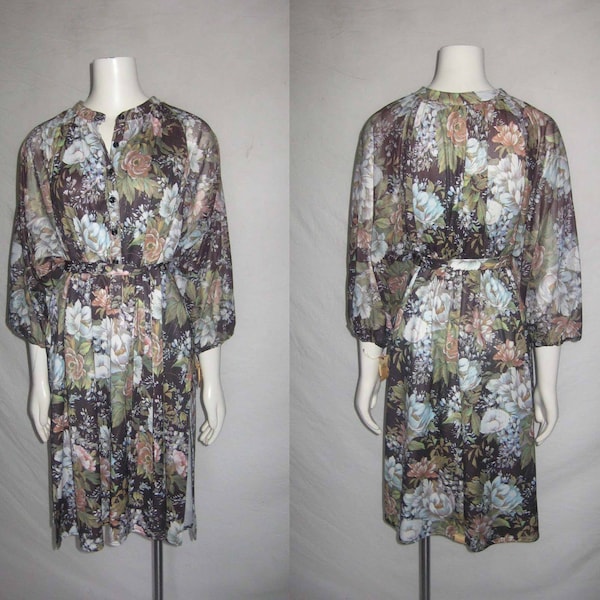 Vintage Hippie Boho NWT Unworn Multicolor Floral Print See Thru Sheer Raglan Puff Sleeve Long Side Slits Belt Smock Long Tunic Tent Dress