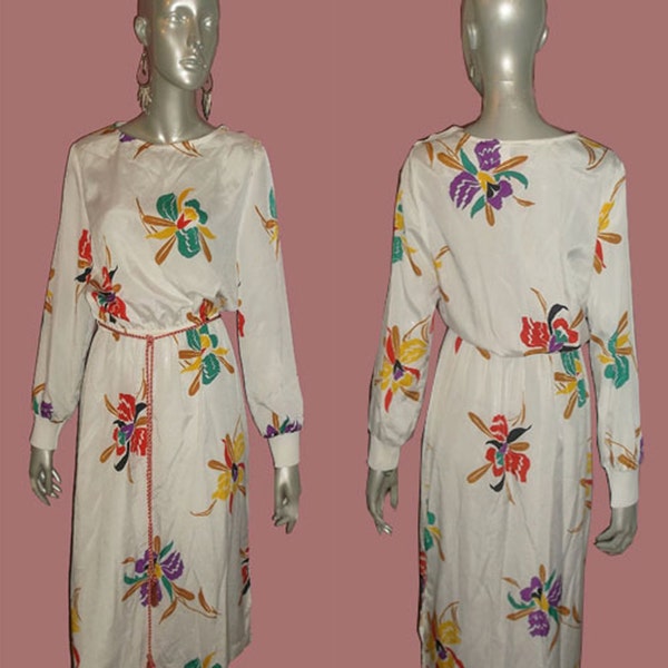 Vintage NWT Unworn Sue Brett White & Multicolor Floral Print Long Sleeve Buttoned Shoulder Contrast Rope Tassel Belt Disco Dress Size 13/14