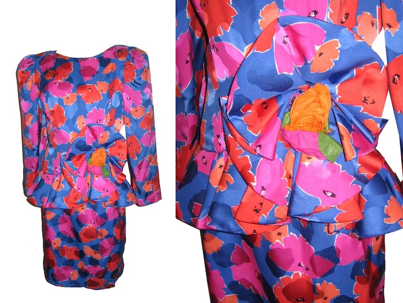 Vintage Raul Blanco Bergdorf Goodman 2pc Vibrant Multicolor Floral Print Avant Garde Silk Jacket Top Skirt Set Puff Sleeve Size