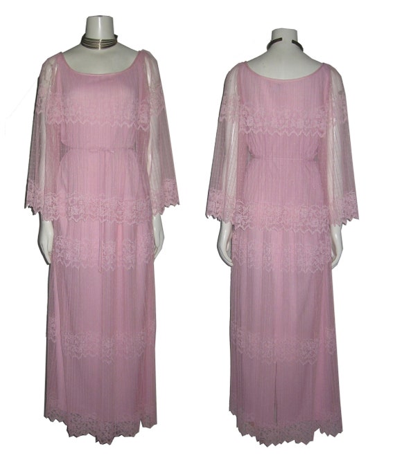 Vintage Pink Overlay Long Belted Floral Mesh Lace… - image 1