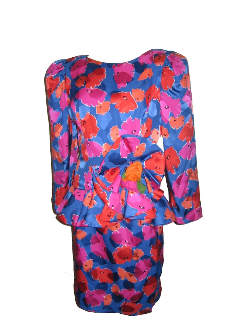 Vintage Raul Blanco Bergdorf Goodman 2pc Vibrant Multicolor Floral Print Avant Garde Silk Jacket Top Skirt Set Puff Sleeve Size